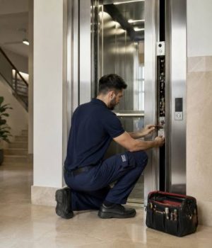 Técnico realizando mantenimiento de ascensor en edificio de Tortosa para Ascensors Dermisa